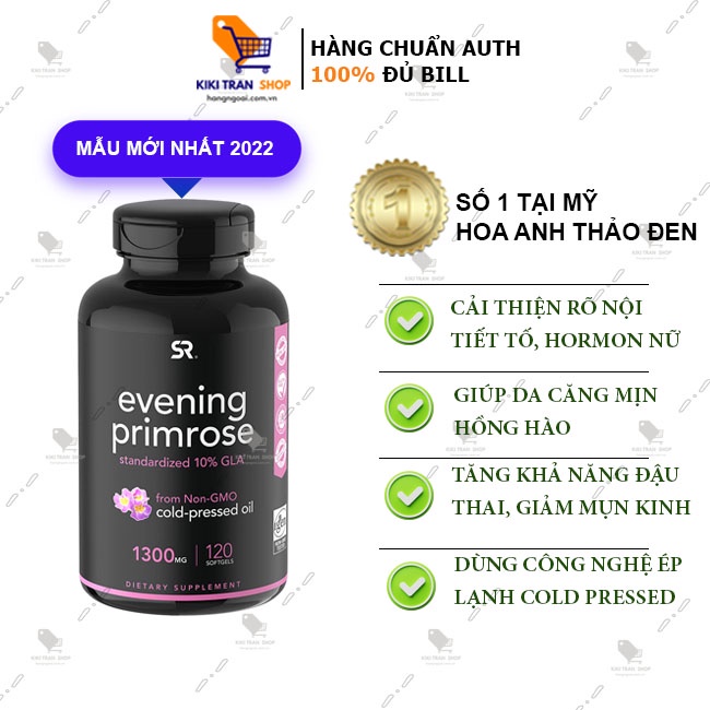 Evening Primrose oil 1300mg hãng Sport Research của Mỹ, tinh dầu hoa anh thảo 120 viên, điều hòa nội tiết tố nữ