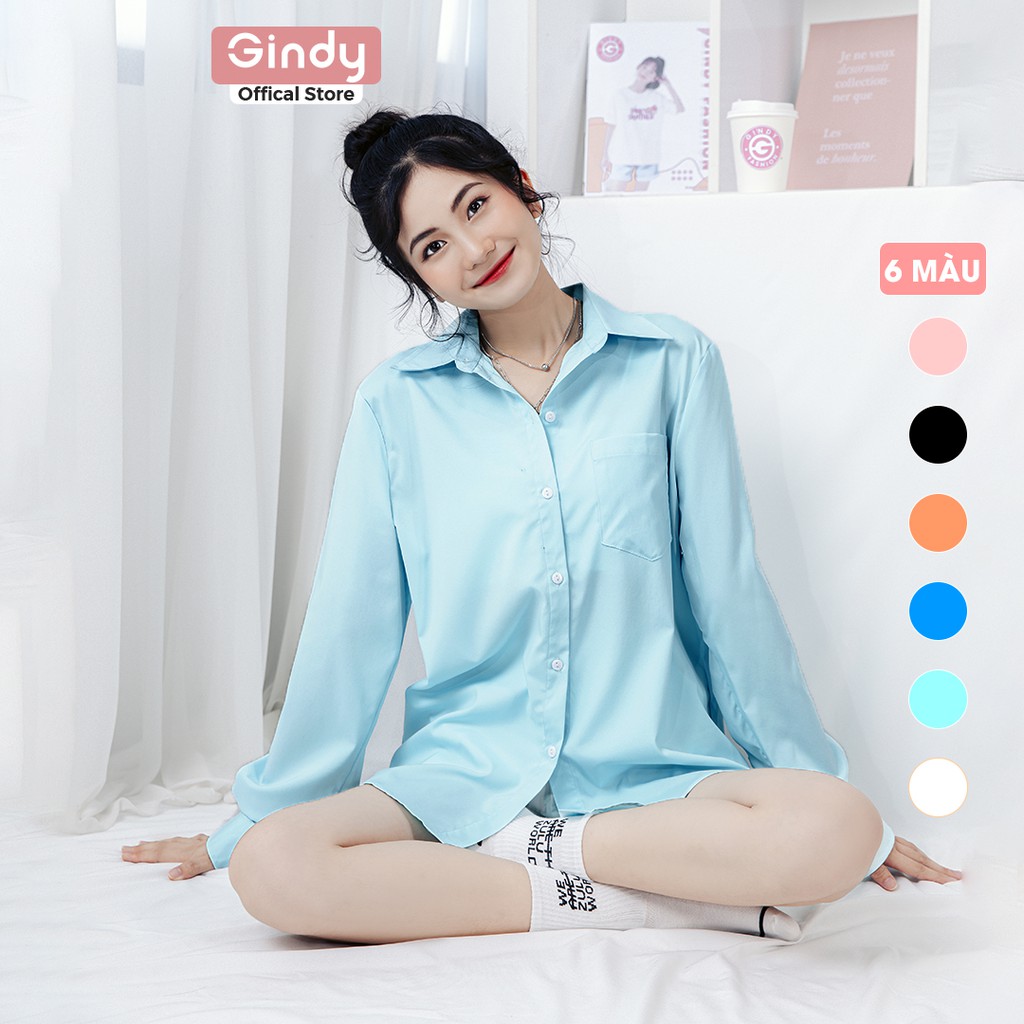 Áo sơ mi nữ GINDY dài tay basic trơn form rộng dáng suông dài kiểu Hàn Quốc thời trang xuân hè 2022 A018
