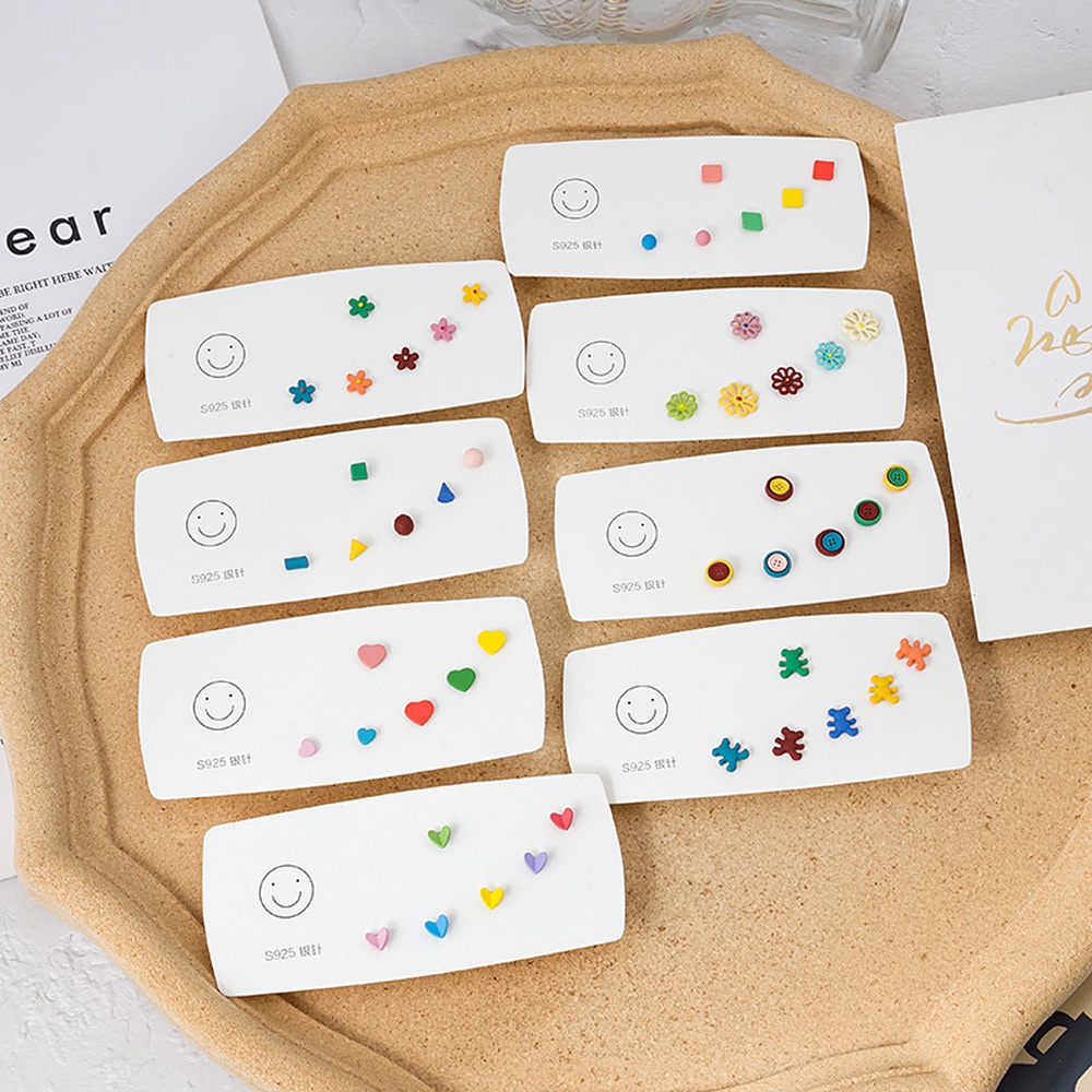 Bộ 3 Đôi Bông Tai Mạ Bạc 925 Hình Hoa Cúc / Hình Vuông Phong Cách Hàn Quốc Thời Trang Cho Nữ