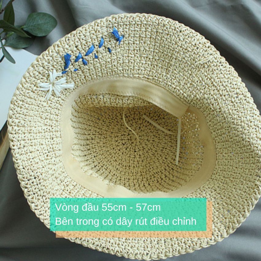 Mũ Bucket cói mềm thêu hoa lá nữ tính
