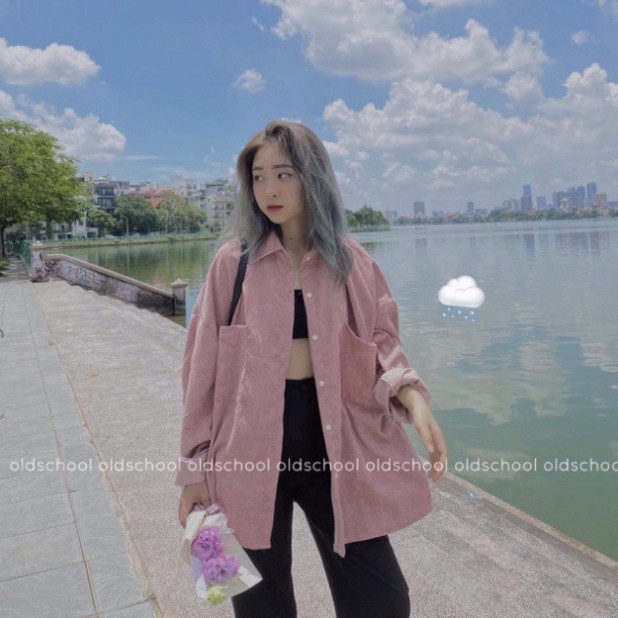 Áo sơ mi nhung tăm unisex fom rộng , áo sơ mi nam nữ oversize nam nữ từ 40 đến 70kg AS01 1hittop