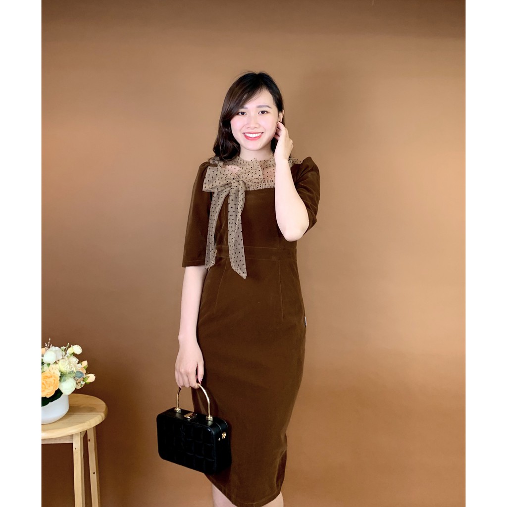 Váy nhung body cổ phối ren chấm bi Emvy - K4 | BigBuy360 - bigbuy360.vn