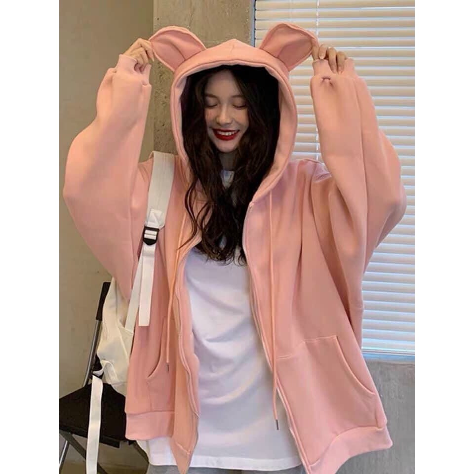 Áo khoác hoodie chống nắng nón Tai Thỏ form rộng , dành cho nữ chất nỉ ngoại Có Dây Kéo Unisex ulzzang