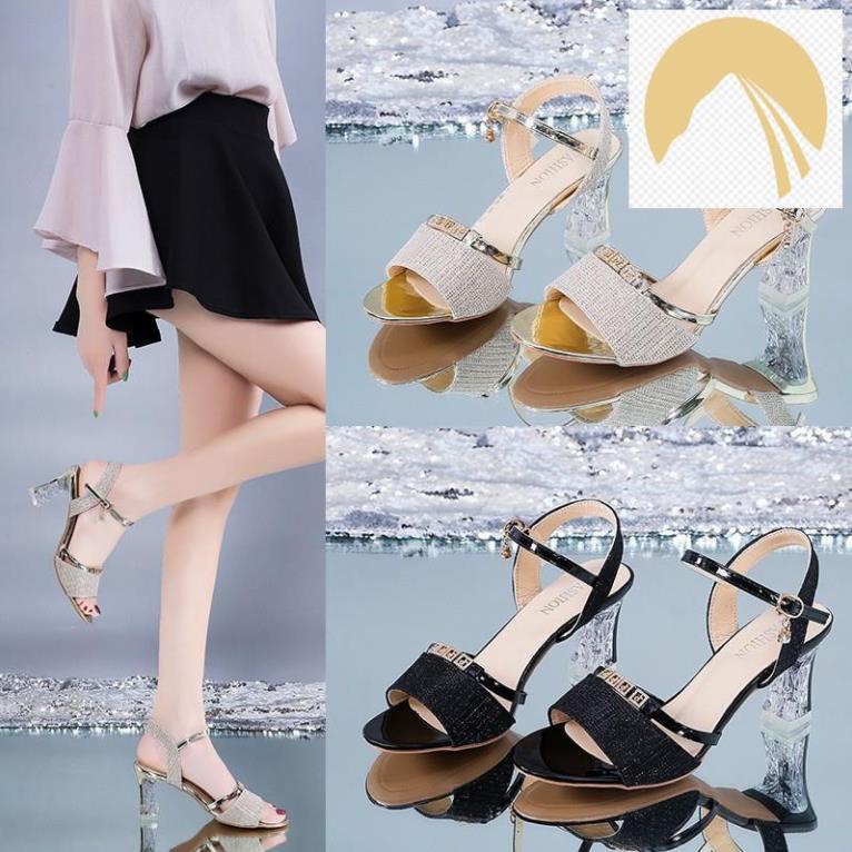 Giày Cao Gót Hở Mũi b20/ Đế Vuông Trong Suốt/ Cao 7cm/ Nhũ Sáng Sang Trọng