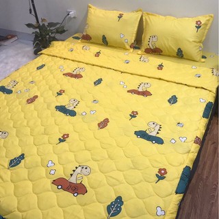 Sét Đủ 5 món ga gối chăn hè trần bông 2 vỏ gối và vỏ gối ôm mẫu KHỦNG LONG VÀNG