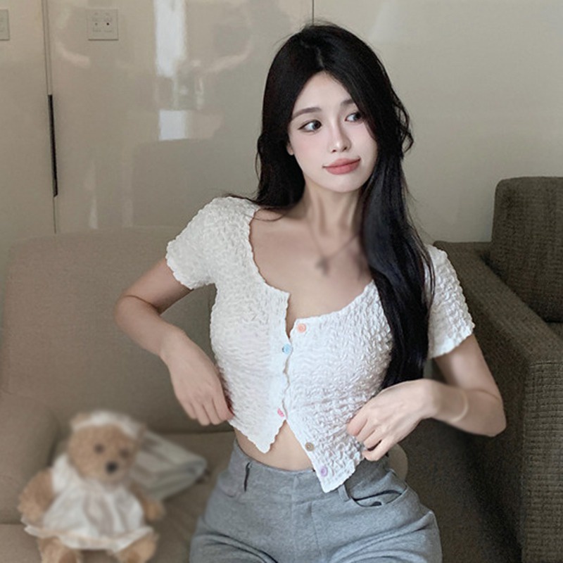 Áo Croptop Ngắn Tay Cổ Vuông Màu Sắc Trơn Phong Cách Hàn Quốc