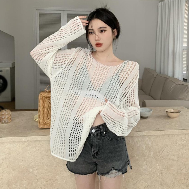 Áo Dệt Kim Nữ Tay Dài Cổ Tròn Màu Sắc Thanh Lịch