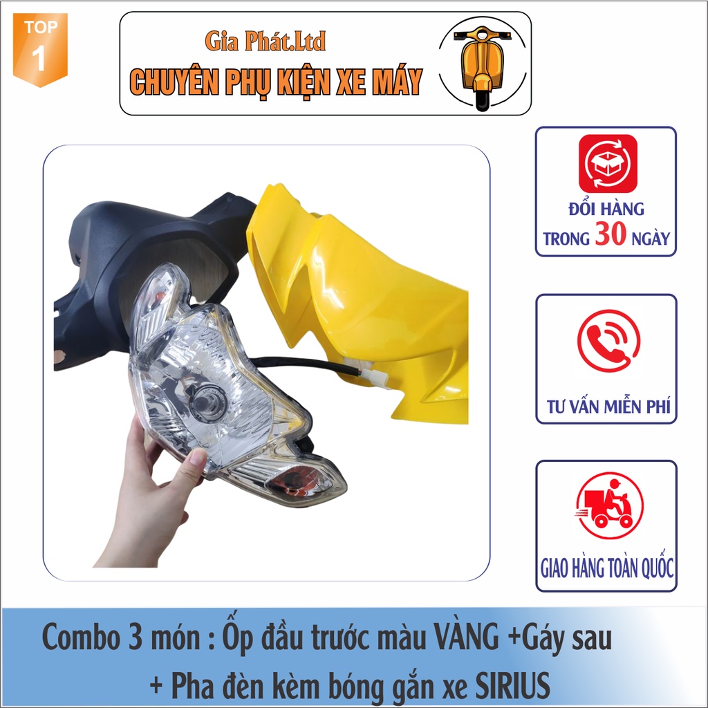 Bộ ốp đầu màu VÀNG gắn xe SIRIUS đầy đủ Ốp đầu trước, Gáy sau và Pha đèn kèm bóng