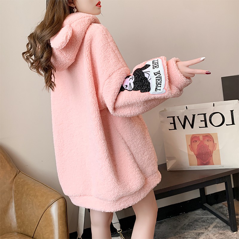 Áo hoodie tay dài nữ len bông ấm áp thu đông có túi rộng nón tai gấu dễ thương ulzzang ( 2 màu )