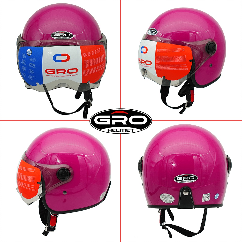 Mũ Bảo Hiểm 3/4 đầu GRO Helmet T818 có kính ngắn che nửa mặt, kiểu dáng thời trang cho nữ, khóa kim loại - Hồng Đậm