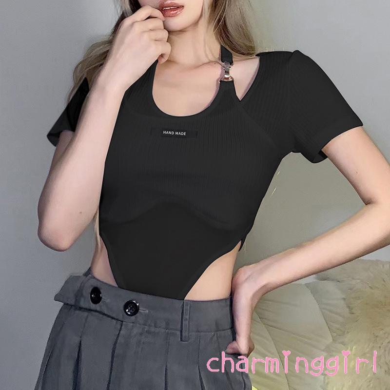Bộ Áo Liền Quần Tay Ngắn Dáng Ôm In Chữ Phối Khóa Cài Thời Trang Cho Nữ