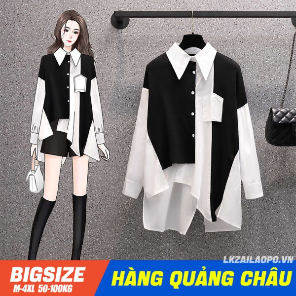 Áo sơ mi nữ tay dài dáng rộng màu đen trắng phong cách Hàn Quốc thời trang xuân thu hàng Quảng Châu cao cấp