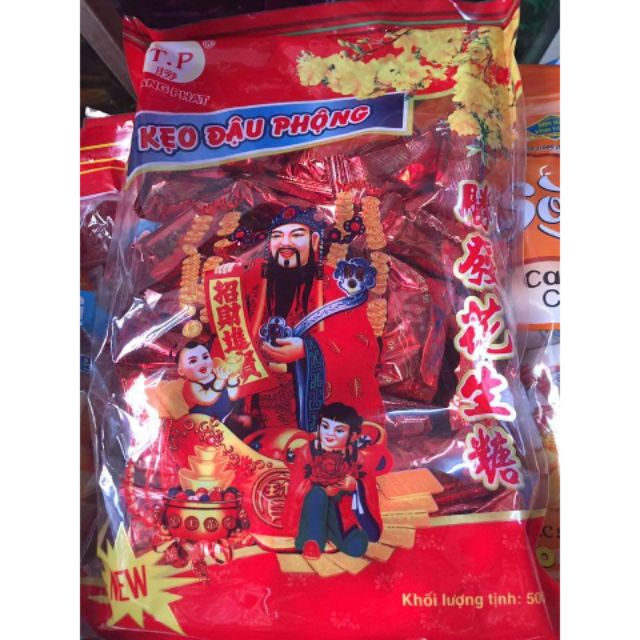 Kẹo đậu phộng bơ đỏ hình thần tài gói 500g DATE MỚI