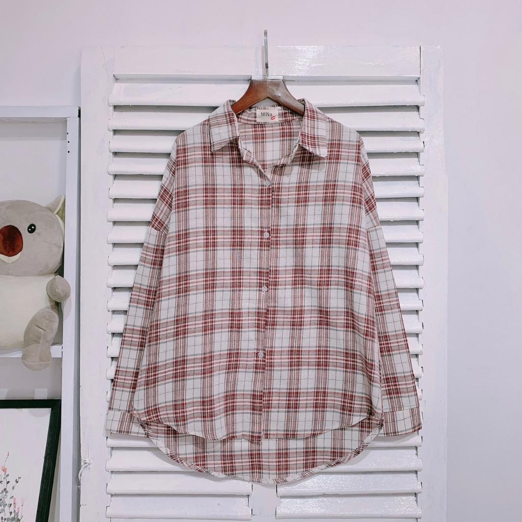 Áo sơ mi nữ sọc caro bảng to không túi Xàm Xí Shop form rộng tay dài - Shop Xàm Xí