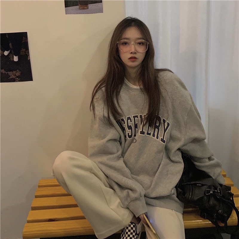 Áo sweater chữ basic lót nỉ bông mềm nam nữ