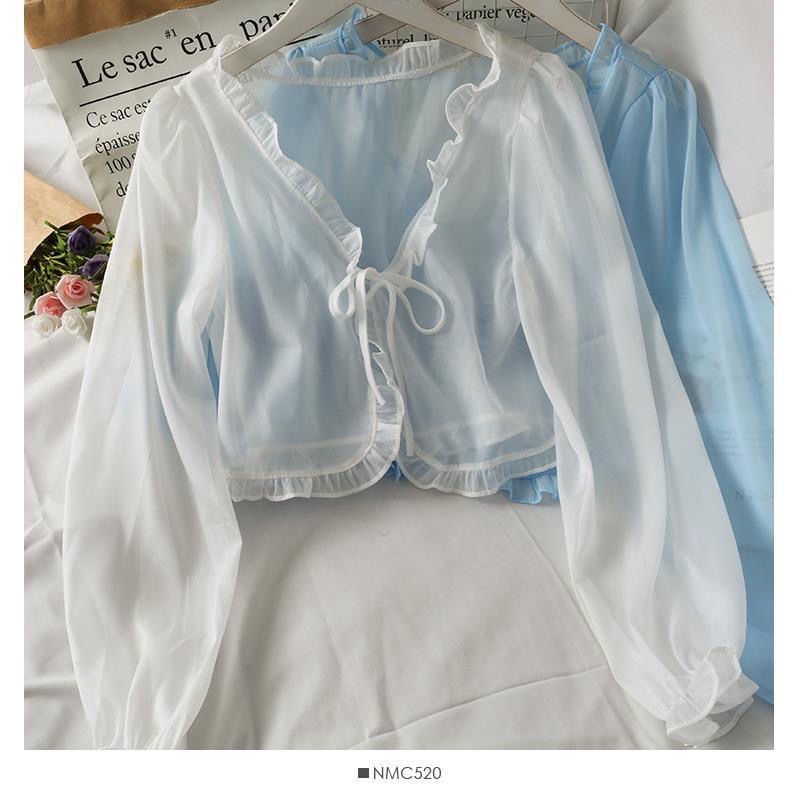 Áo Sơ Mi Tay Dài Dáng Rộng Chống Nắng Thiết Kế Dây Cột Nơ Thời Trang Xinh Xắn Cho Nữ