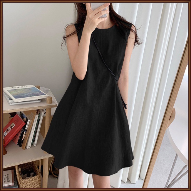 Đầm Ngắn Sát Nách Cổ Tròn Tròn Màu Trơn Bằng Vải Lanh Cotton Cho Nữ