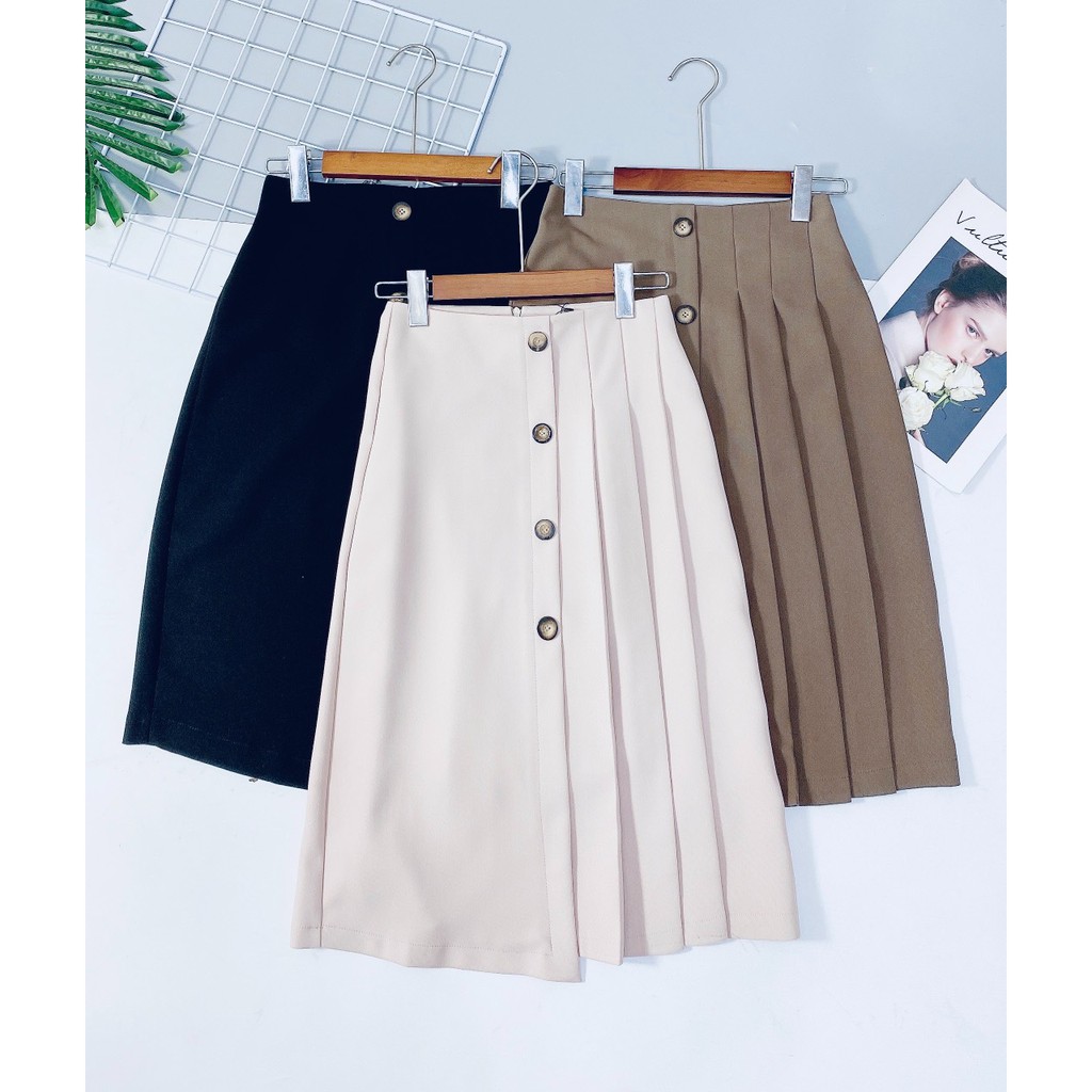 Chân Váy Xếp Ly Dáng Dài Cạp Cao MIDI Phối 4 Cúc Xinh Xắn