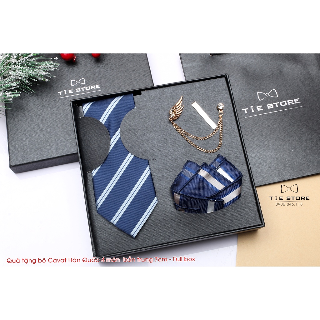 [ QUÀ TẶNG SẾP ] Cavat Bộ Cao Cấp Hàn Quốc 4 món Phụ Kiện - Full box kèm túi xách sang trọng, Xanh kẻ trắng
