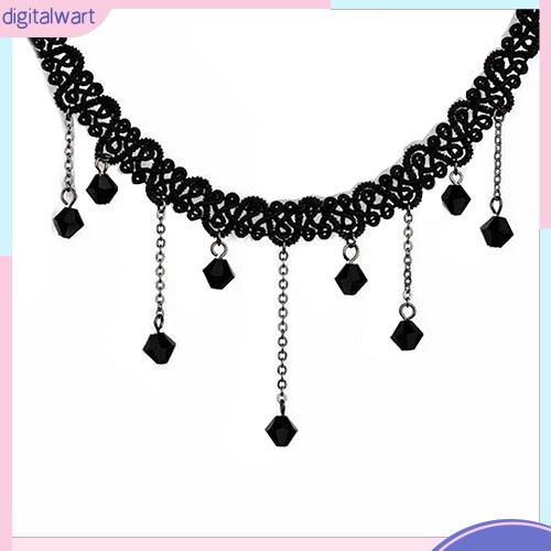 Vòng cổ choker thiết kế ren phối đá quý nhân tạo đen cá tính phong cách gothic dành cho nữ