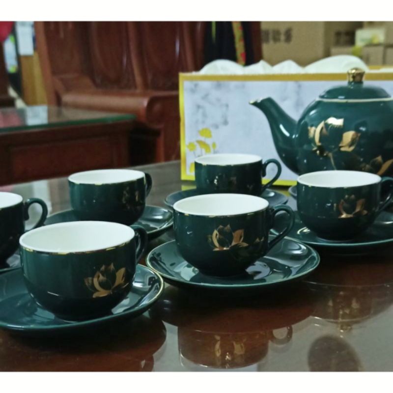 Bộ ấm chén xanh cổ vịt, bộ tách pha trà họa tiết