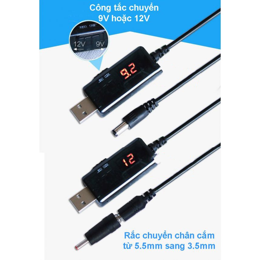 Cáp chuyển đổi điện áp 2in1 từ cổng USB 5V sang 9V/12V có màn hình