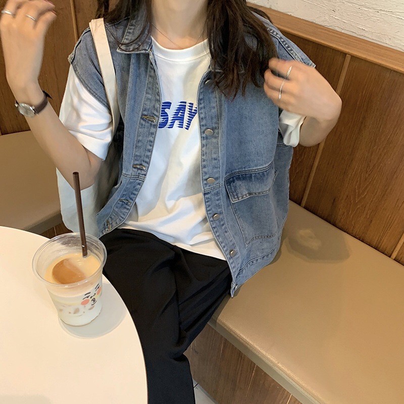 Áo gile denim có túi