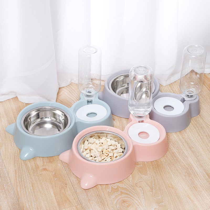 Bát đôi chó mèo inox có bình nước tự động, hai ngăn thức ăn và nước uống, thể tích bình 500ml