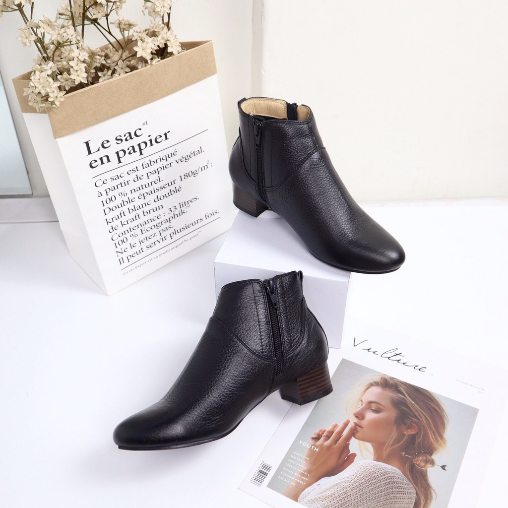 Giày boot da bò cổ thấp khóa kéo gót 3cm 1087