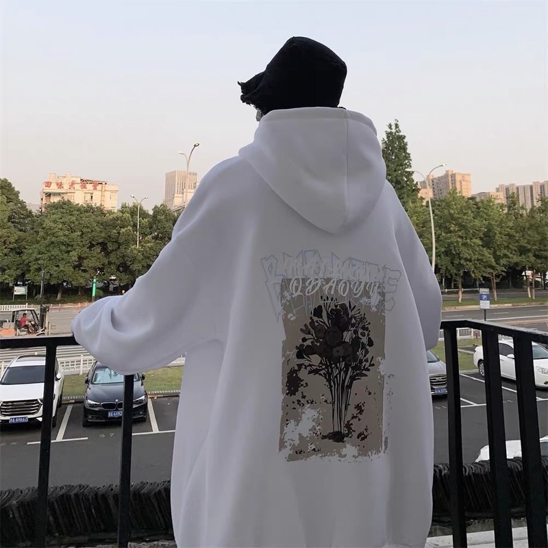 Áo Hoodie Nỉ Bông Dài Tay Unisex Hoạ Tiết Bông Hồng