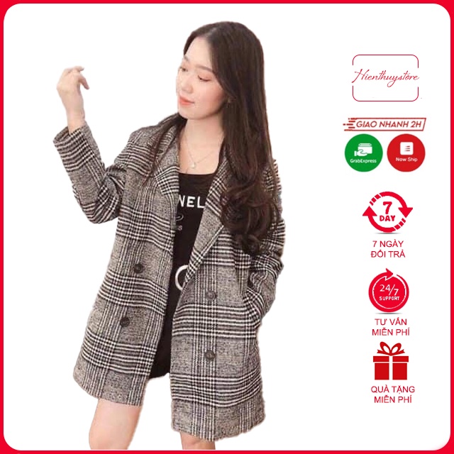 Aó Dạ kẻ Nữ Caro Dáng Ngắn Hàng Quảng Châu Cao Cấp, áo 2 lớp kèm quà tặng