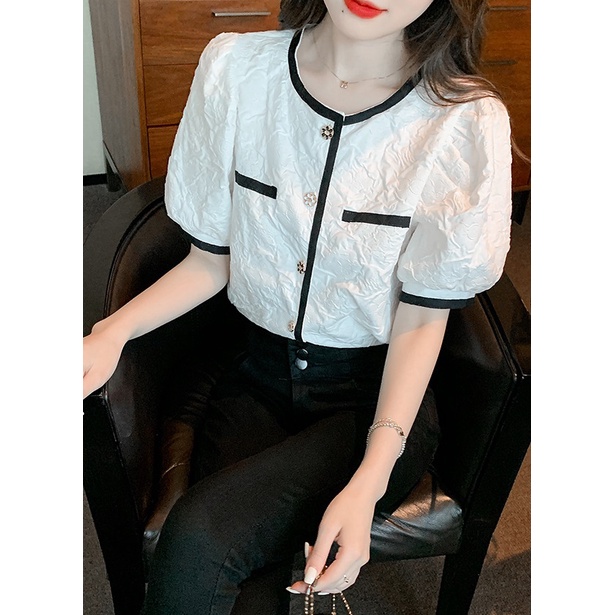 Áo xốp hoa gấm đen trắng tay phồng cổ tàu A041 sơ mi công sở freesize tiểu thư
