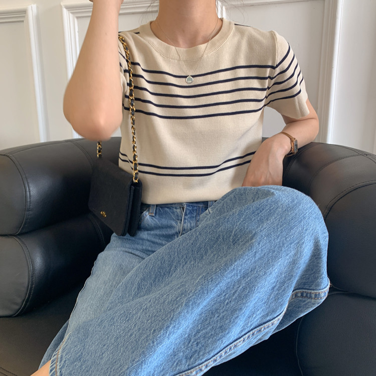 Áo thun dệt kim tay ngắn kẻ sọc phong cách mới thời trang cho nữ 43173