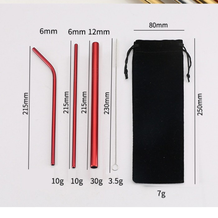 Combo 3 ống hút inox kèm cây cọ rửa tiện ích, túi đựng bằng nhung cao cấp - giao màu ngẫu nhiên