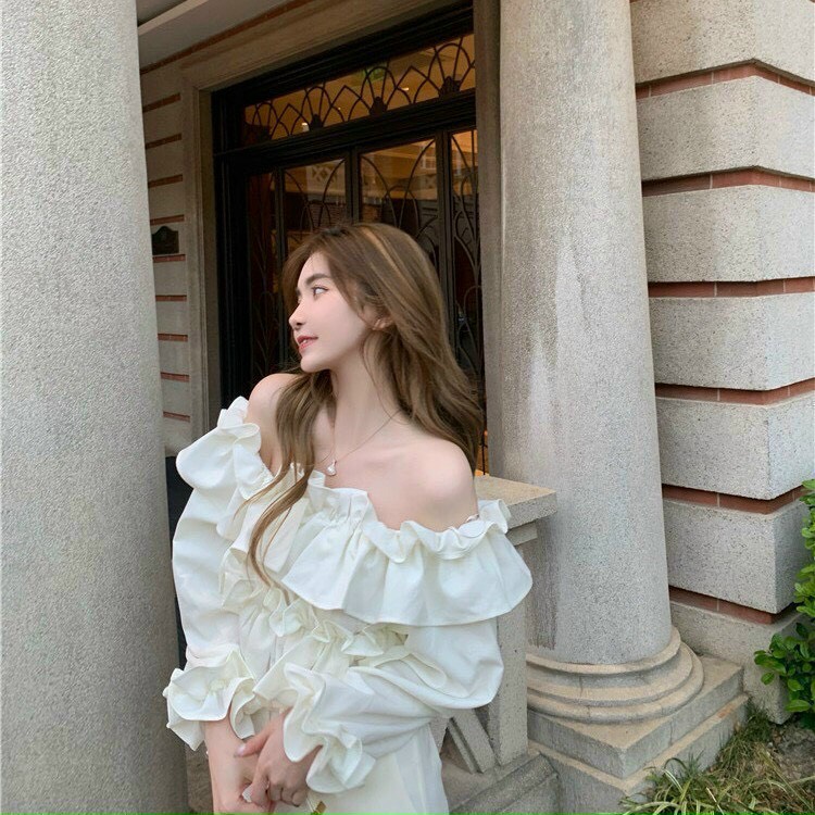 Áo trắng trễ vai nhún tầng KÈM ẢNH THẬT  BAO KIỂM ❌