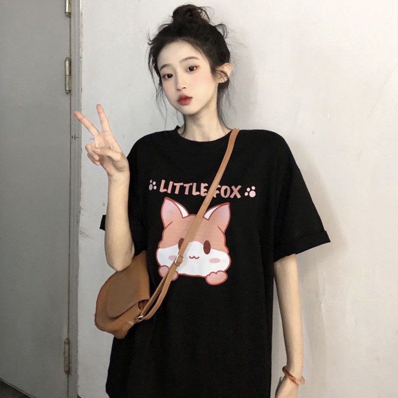 Áo Thun Tay Ngắn Dáng Rộng Hoạ Tiết Chú Cáo Đáng Yêu