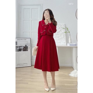 Váy dạ nhung đỏ viền đá trắng cúc ngọc sang chảnh