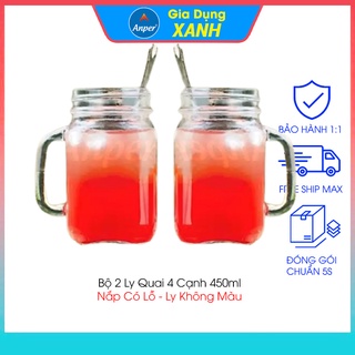 Ly cốc thủy tinh ANPER 450ml  dễ thương có quai có nắp  dùng quán nước uống cà phê sinh tố