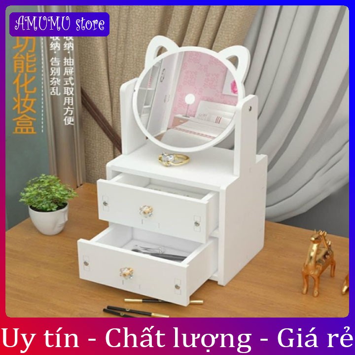 (siêu hót)Kệ mỹ phẩm mini gỗ nhựa kèm gương tai mèo méo meo dễ thương cute phô mai que