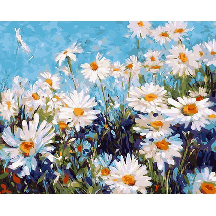 Tranh sơn dầu số hoá đã căn khung 40x50 cm hoa cúc daisy E886