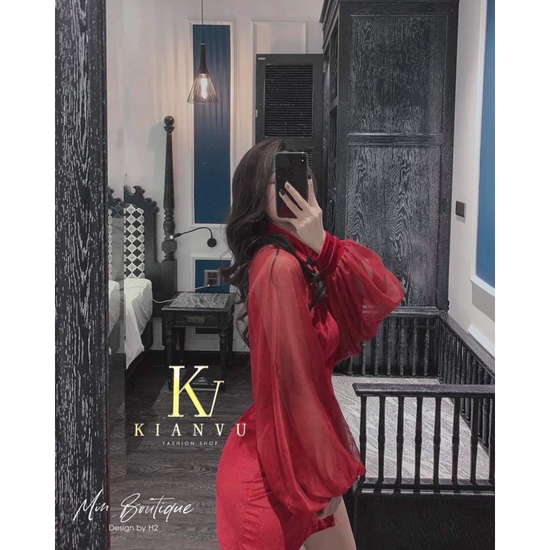 Đầm nhung tay lưới phồng cổ tàu xẻ tà chất vải nhung cao cấp - T5B | BigBuy360 - bigbuy360.vn