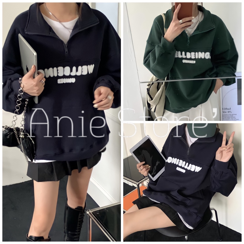 Áo Sweater Zip Unisex WELLBEING 🦋 Áo Nỉ Nam Nữ Cổ Cao Dáng Thụng 2 Màu 🦋