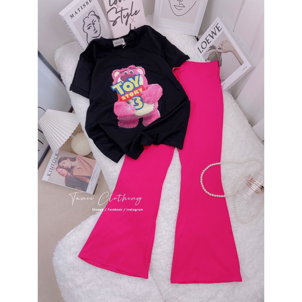 SET ÁO THUN GẤU DÁNG RỘNG QUẦN ỐNG LOE HỒNG hình thật Tanii Clothing
