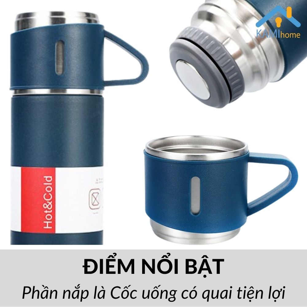 Bình nước giữ nhiệt inox nắp có quai Kèm 2 Cốc-Đóng hộp quà tặng cao cấp-cỡ 500ml mã 22050