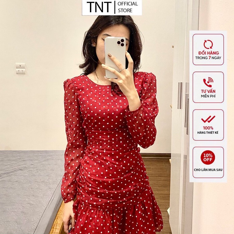 Váy đuôi cá chấm bi, đầm thiết kế đuôi cá dấu bụng siêu tốt, ảnh shop tự chụp