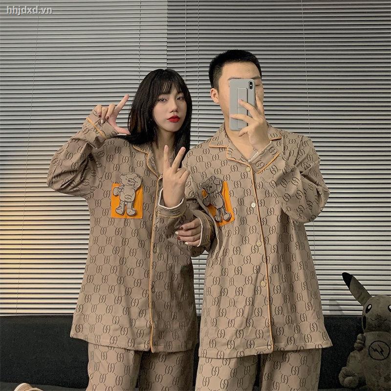 Bộ đồ ngủ tay dài in hình gấu dễ thương thời trang thu đông cho cặp đôi