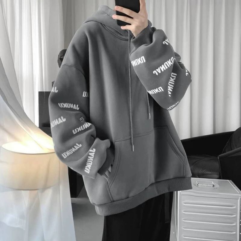 Áo khoác hoodie dáng rộng lót nhung dày dặn phong cách hong kong thời trang thu đông cho nam size S-4XL