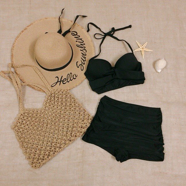 [FREESHIP] Bikini lưng cao 2 mảnh áo crop xoắn nâng ngực mix quần short nhún kín đáo