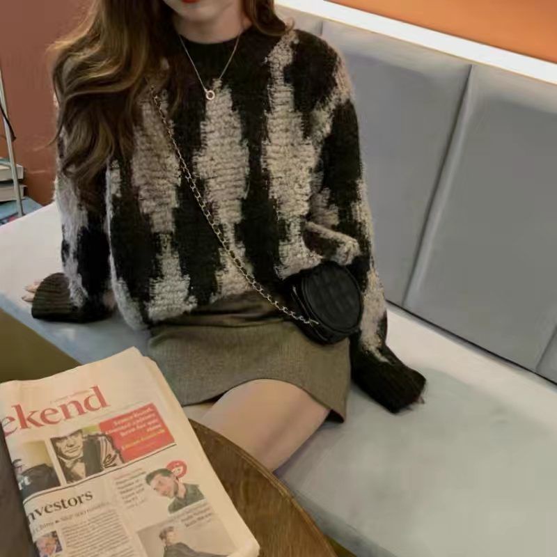 Áo Sweater Dáng Rộng Họa Tiết Sọc Caro Phong Cách Retro Nhật Bản Cho Nữ