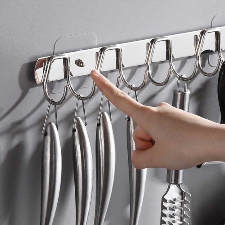 Giá Móc Treo Quần Áo Inox, Thanh Ngang 10 Móc Treo Đồ Nhà Tắm Nhà Bếp Dán Tường Tiện Lợi